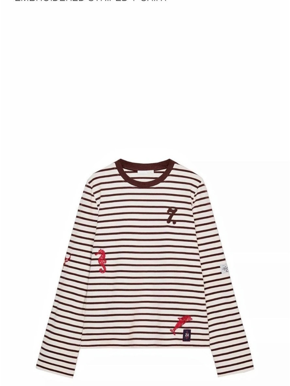Zara Striped Embroidered Long Sleeve Tee in White & Brown Like New
